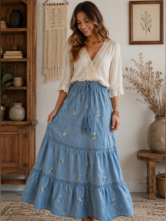 indigo Rose Dresses & Skirts - Indigo Rose Tencel Embroidered Chambray Tiered Maxi Skirt Boho Prairie Size M